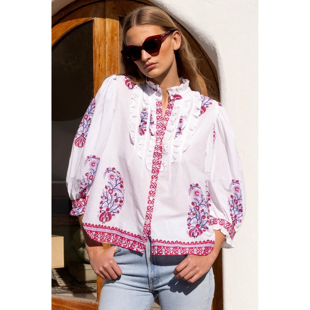 Oliphant Blouse Womens 2XL White Excellent Paisley Ruffle Cotton Button Down